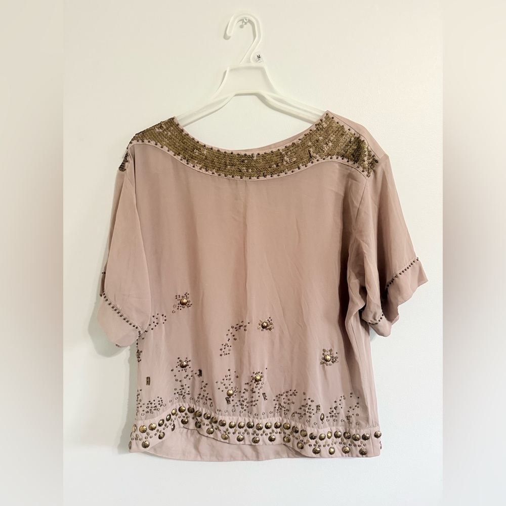 New York & Company Sheer Tan Beaded Short-Sleeve Blouse